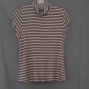 CAbi Short Sleeve Top with Purple and Tan Stripes